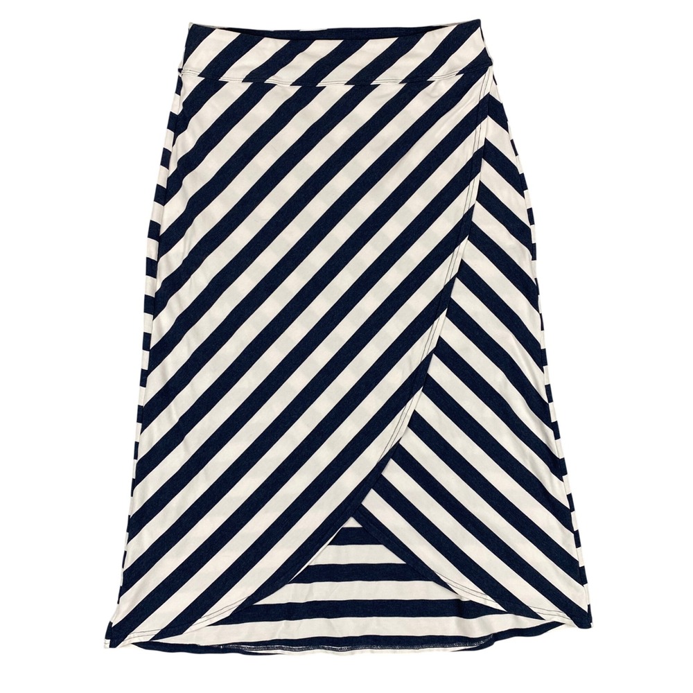 Athleta Striped Faux Wrap Tulip Hem Midi Skirt Womens‎ M Navy Blue White